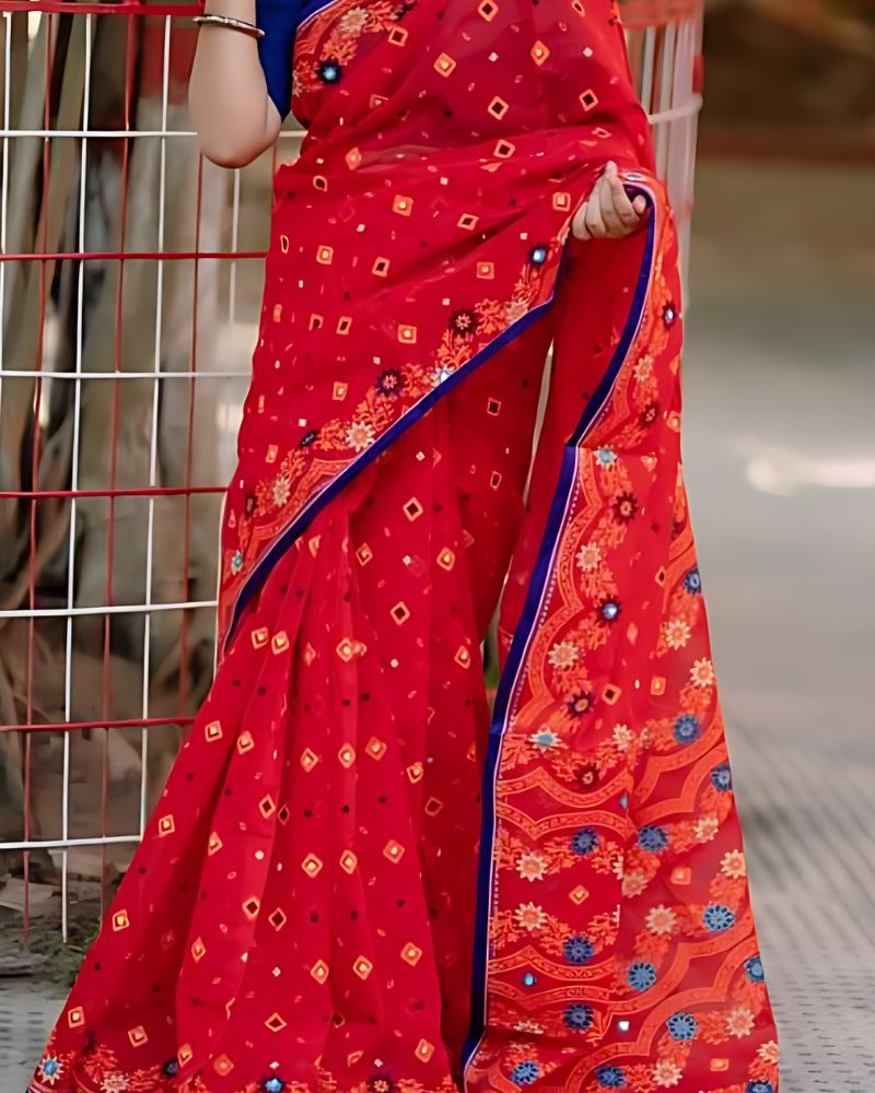 প্রিমিয়াম হাফসিল্ক বুটিক শাড়ি – লাল রঙে ব্লক প্রিন্ট ও এমবোডারি কাজ - Image 3
