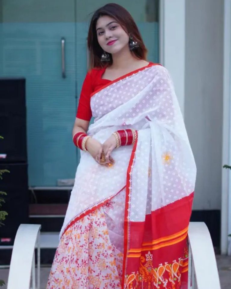 White & Red Premium Half Silk Boutique Saree