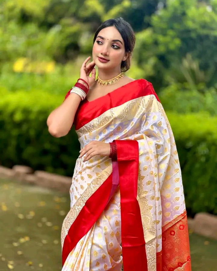 white red soft silk katan saree
